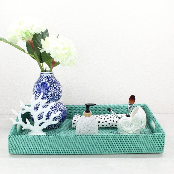 NEW Tight Woven Rectangle Rattan Tray for Luxury Homes- Extra Large, Turquoise
